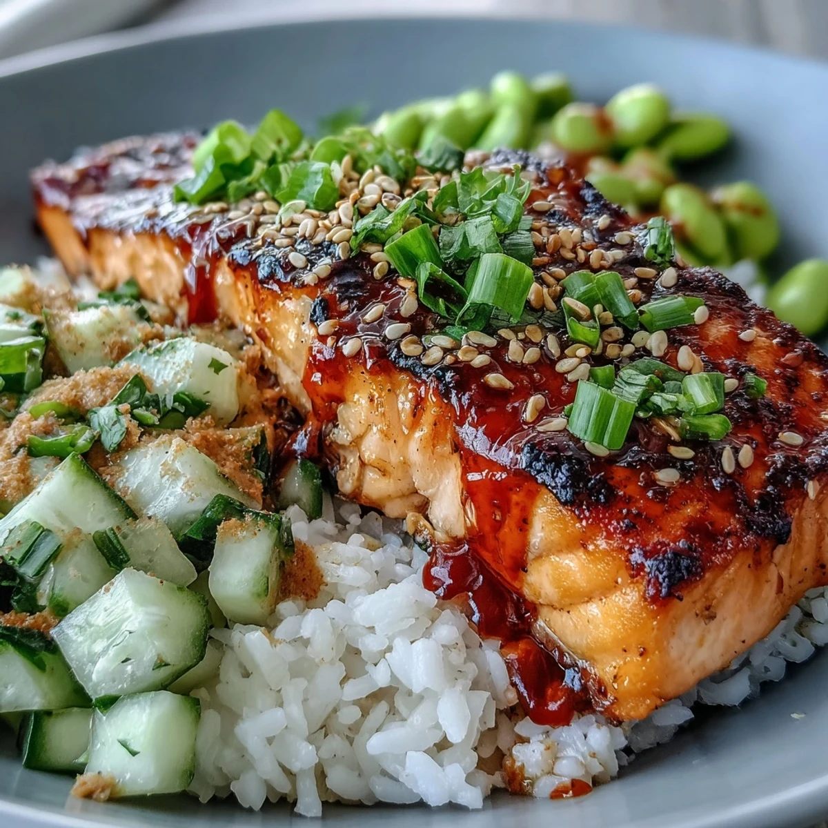 Freshly baked, flaky Bang Bang Salmon rests on jasmine rice topped with crisp cucumber-edamame salsa and creamy bang bang sauce.