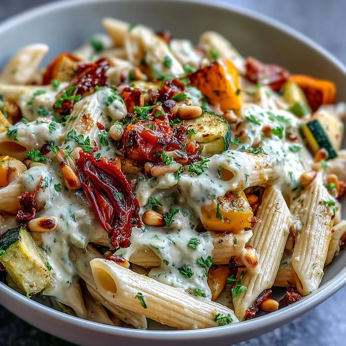 Fork-tender roasted vegetables and creamy white bean sauce coat nutty Whole Wheat Pasta in this vibrant bowl.