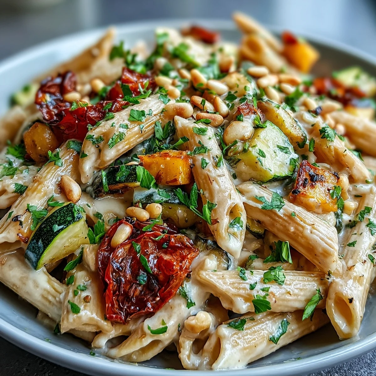 A close-up reveals steam rising from a hearty Whole Wheat Pasta Bowl topped with toasted pine nuts.