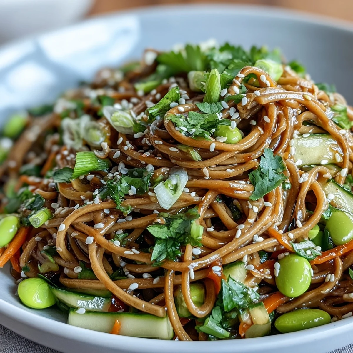 Bright sesame dressing coats chewy Soba Noodle Bowl with crisp cucumbers and bright edamame.