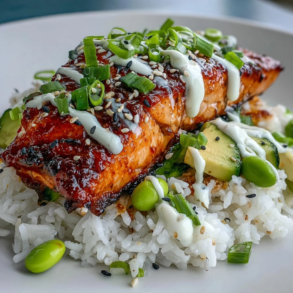 Colorful Honey Sriracha Salmon Bowl topped with creamy avocado slices, sesame seeds, and a drizzle of spicy mayo.