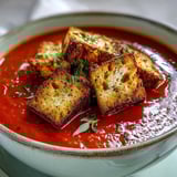Two bowls of Roasted Red Pepper Soup With Crispy Croutons served with crusty bread on a rustic wooden table.