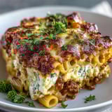 Spoon lifting a portion of Cottage Cheese Protein Pasta Bake, revealing creamy cottage cheese and rich tomato beef sauce inside.