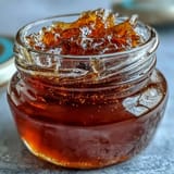 A golden, floral dandelion jelly spread glistening on a slice of rustic bread with a fresh sprig of mint.