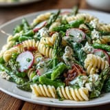 Colorful spring pasta salad with lemon vinaigrette, radishes, and asparagus, topped with fresh herbs and optional feta cheese.