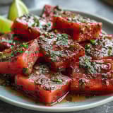 Chilled watermelon wedges sprinkled with chili-lime Tajin and fresh lime juice, offering a sweet, spicy, and tangy treat.  