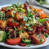 Bright Summer Panzanella salad, boasting charred bread, crisp veggies, and tangy vinaigrette.