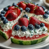 Vibrant watermelon pizza with berries and cream, a refreshing summer dessert.