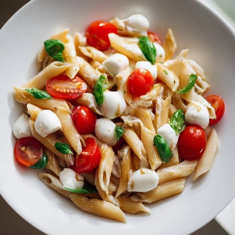Juicy halved cherry tomatoes and creamy mozzarella pearls mingle with al dente fusilli pasta, basil, and olive oil in this vibrant Caprese Salad Pasta.