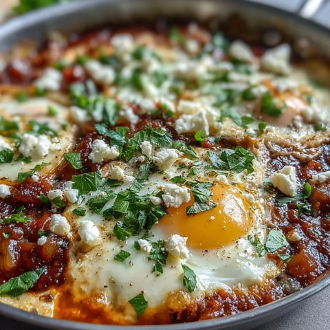 A close-up of shakshuka in a cast iron skillet, featuring vibrant red tomato sauce with poached eggs, fresh parsley, and crumbled feta cheese.