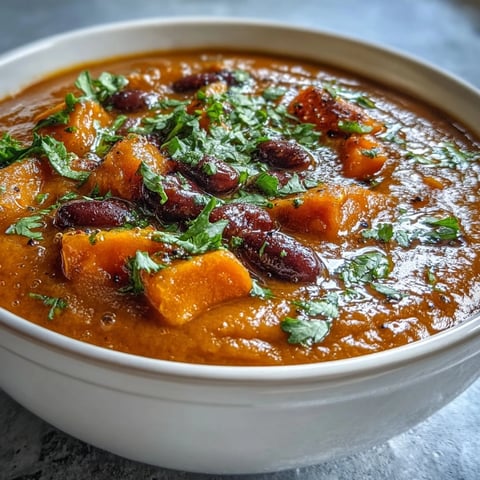 Creamy sweet potato and black bean soup simmered with aromatic spices, topped with fresh cilantro and a squeeze of lime for a cozy vegetarian dinner.