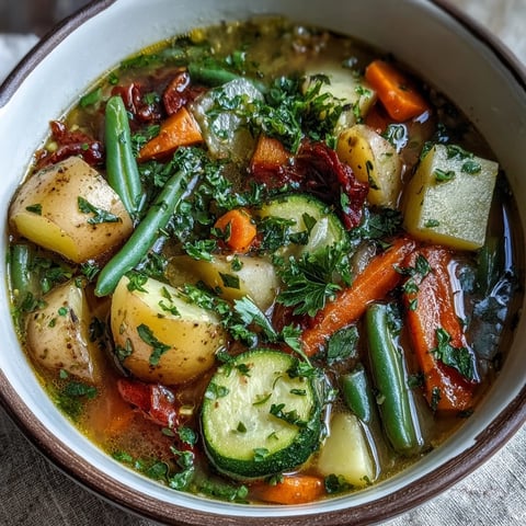 A close-up of a steaming bowl of Potato and Vegetable Soup, with visible chunks of potato, carrots, and peas in a golden broth, garnished with fresh parsley.