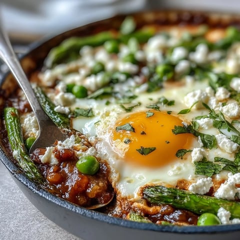 Pea and Broad Bean Shakshuka simmering in a deep skillet with runny-yolked eggs, asparagus, and crumbled feta, ready to scoop up with warm crusty bread.