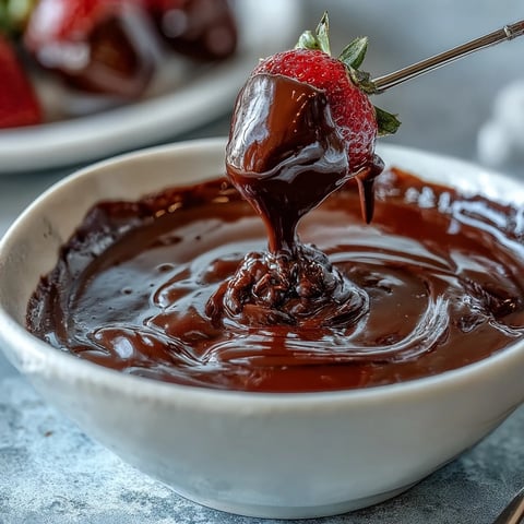 A pot of rich boozy chocolate fondue surrounded by fresh strawberries, banana slices, and marshmallows for dipping.