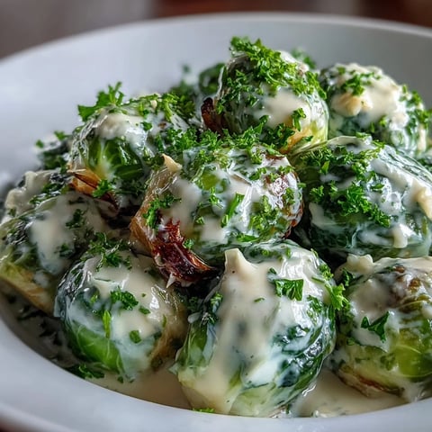 Freshly cooked Brussels sprouts in a creamy cream cheese-mustard sauce, garnished with parsley and served warm.