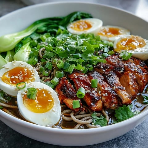 A close-up of Healthy Miso Chicken Noodle Bowls featuring chewy soba noodles, bok choy, and sliced chicken in a rich, savory broth topped with soft-boiled eggs.