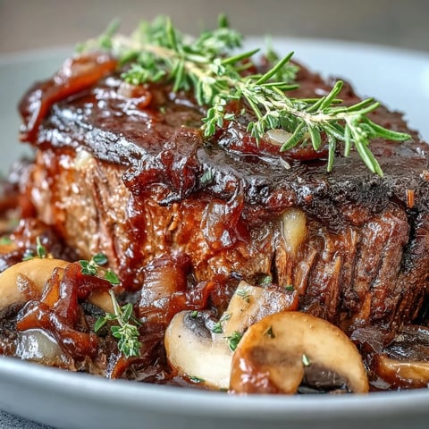 Savory Crock Pot French Onion Pot Roast with tender beef and gooey Gruyere.
