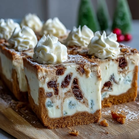 Creamy Christmas Cheesecake Slab with spiced dried fruits, whipped cream, and snowy icing sugar dusting on a slice.