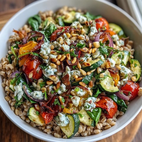 Colorful Mediterranean Farro Pasta Bowl topped with crumbled feta, pine nuts, and fresh parsley.