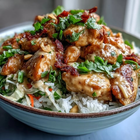Fragrant coconut rice and sautéed chicken build this high-protein Peanut Chicken Protein Bowl, topped with crisp veggies and creamy peanut drizzle.