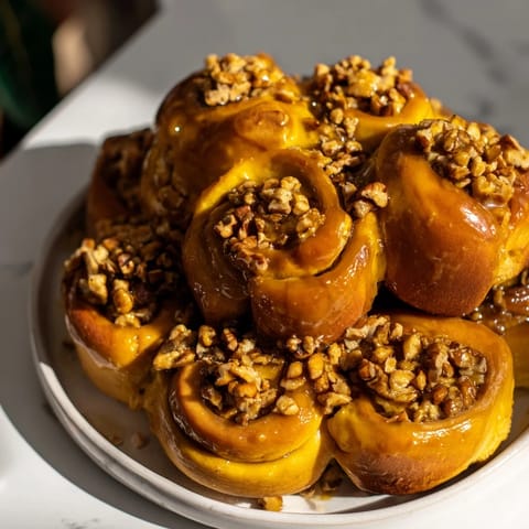 Golden-brown Maple Pecan Sticky Buns, with visible swirls of cinnamon and pecans, drizzled with maple glaze.