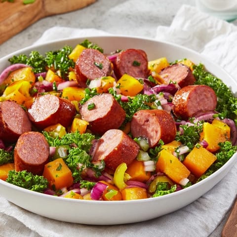 Golden, crispy kielbasa and cabbage hash served steaming hot in a rustic skillet, ready to eat.