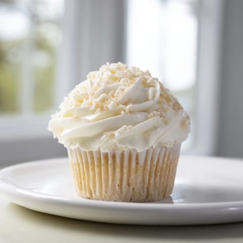 Sweet buttercream frosting swirls atop freshly baked vanilla cupcakes, promising a delightful treat.