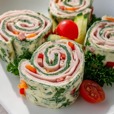 Golden, spiral-cut Smoked Turkey Pinwheels form a delicious Christmas tree appetizer, ready to serve and enjoy.