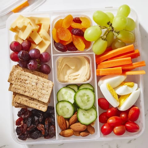 Delicious and convenient road trip snack box, packed with fresh fruit, hummus, and chocolate.