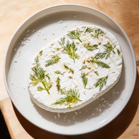Creamy goat cheese "Fossil Record" with delicate herb "fossils" provides a delicious appetizer alongside assorted nuts.