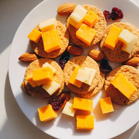The Work From Home Desk Treat: a close-up of cheddar and gouda cheese atop crackers, perfect for desk snacking.