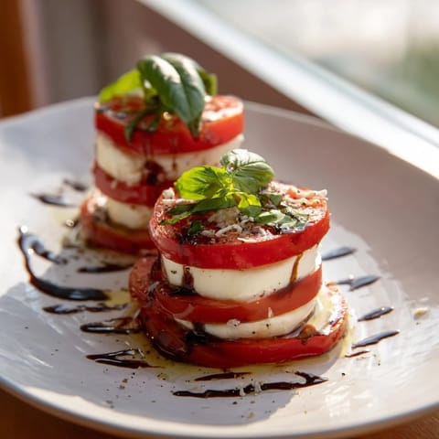 Fresh Tuscan Pillar, a stack of red tomato, white mozzarella, and green basil, ready to eat.