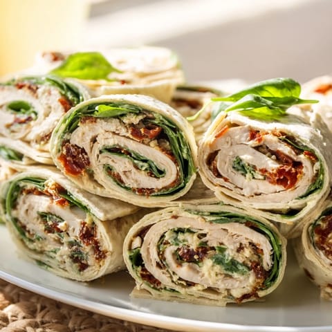 Close-up of freshly made sun-dried tomato turkey roll-ups, cut and ready to serve as a flavorful appetizer.