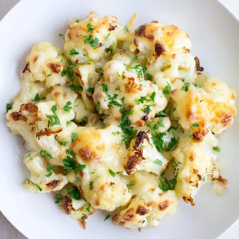 Golden baked Cheesy Cauliflower Mac with a creamy interior and melted cheese, ready to serve.