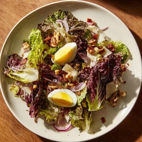 Tossed Bitter Greens Salad with Warm Bacon Dressing, featuring crisp bacon and a tangy vinaigrette.