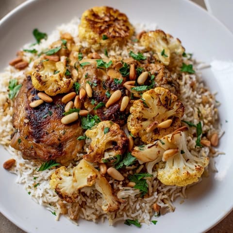 Steam rises from this aromatic Palestinian maklouba, showcasing tender chicken amidst seasoned rice.