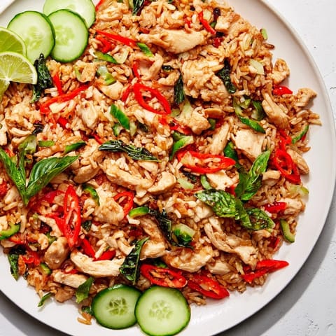 Spicy Thai Basil Chicken Fried Rice plated in a white bowl, garnished with sliced cucumber and vibrant red chilies for a zesty kick.