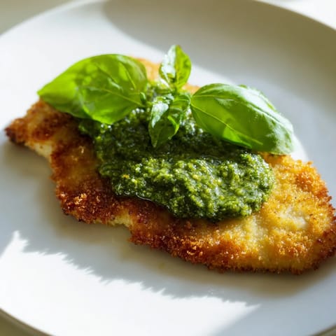 Freshly fried chicken cutlets with golden Parmesan crust, generously drizzled with homemade basil pesto for an Italian-inspired dinner.  