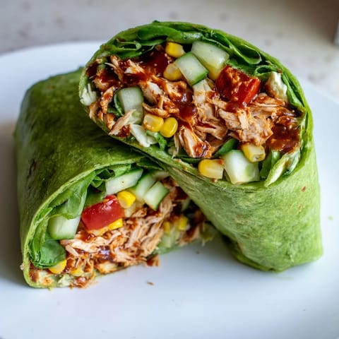 A close-up view of a BBQ Chicken Salad Wrap on a rustic wooden board, with creamy dressing drizzled over corn and cucumber, ready for a quick lunch.  