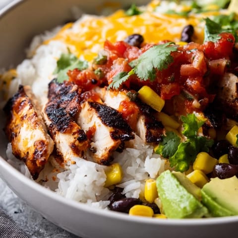 Spicy chicken burrito bowl garnished with cilantro, avocado slices, and lime wedges on a rustic table.