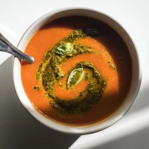 A close-up of creamy Tomato Soup with Basil Pesto Swirl, vibrant green swirl on a rich red base.