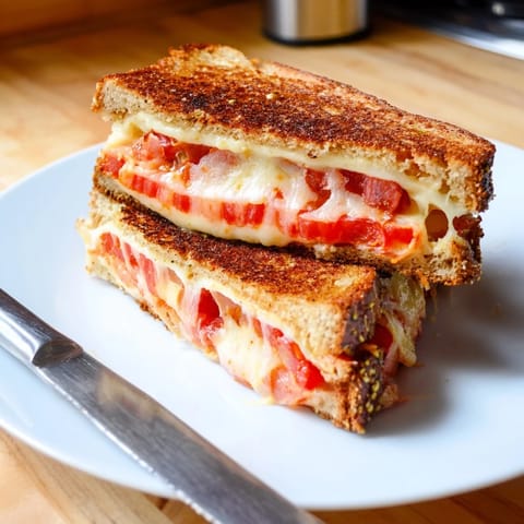 A close-up of golden-brown Pepper Jack & Tomato Grilled Cheese, served with a side of creamy tomato soup.  