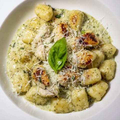 Steaming bowl of Creamy Pesto Gnocchi with Chicken, garnished with fresh basil and extra Parmesan, perfect for a cozy weeknight meal.