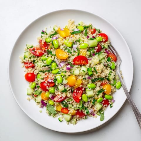 Close-up of Edamame and Quinoa Salad showing diced cucumber and cherry tomatoes tossed in citrus dressing.