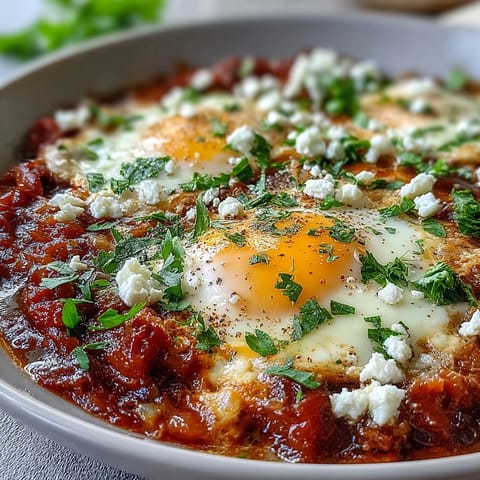 A serving of shakshuka in a skillet next to crusty bread and a bowl of fresh cilantro, perfect for a savory vegetarian breakfast.