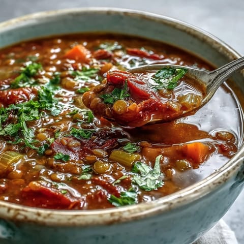 Warm Tomato Lentil Soup served with crusty bread for dipping, perfect for a cozy meal.