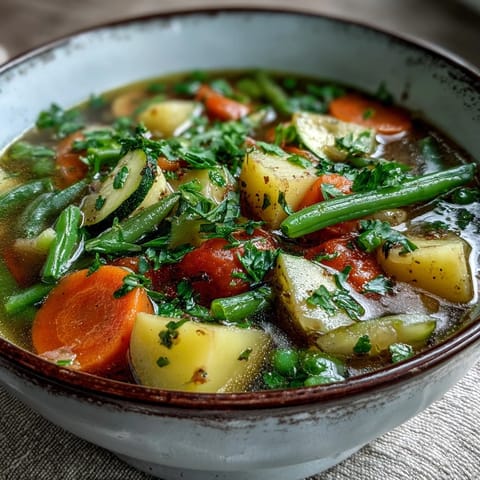 Potato and Vegetable Soup in a rustic bowl, steaming warmly beside a slice of crusty bread on a linen napkin for a cozy meal.