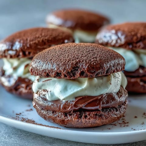 Tiramisu Whoopie Pies sit on a marble counter with coffee beans and a latte.  