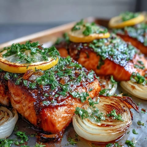 Golden-baked salmon with tender leeks and red onion wedges, garnished with a vibrant green parsley dressing for a zesty finish.