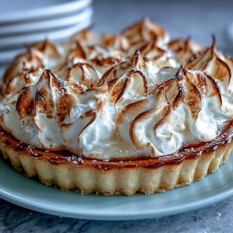 Freshly baked Lemon Meringue Pie showing a crisp pastry crust and fluffy, cloud-like meringue topping.  